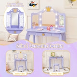 Kids Vanity Set with Tri-fold Lighted Mirror Detachable Top and Stool-Purple