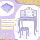 Kids Vanity Set with Tri-fold Lighted Mirror Detachable Top and Stool-Purple