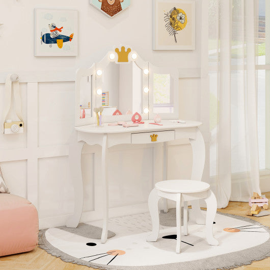 Kids Vanity Set with Tri-fold Lighted Mirror Detachable Top and Stool-White