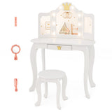 Kids Vanity Set with Tri-fold Lighted Mirror Detachable Top and Stool-White