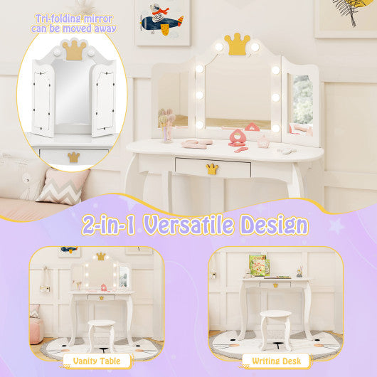 Kids Vanity Set with Tri-fold Lighted Mirror Detachable Top and Stool-White