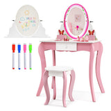 Kids Vanity Table and Stool Set with 360° Rotating Mirror and Whiteboard-Pink