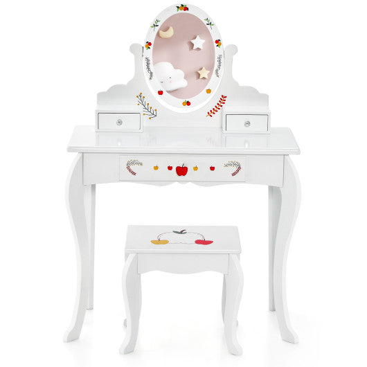 Kids Vanity and Stool Set with 360° Rotatable Mirror and Whiteboard-White