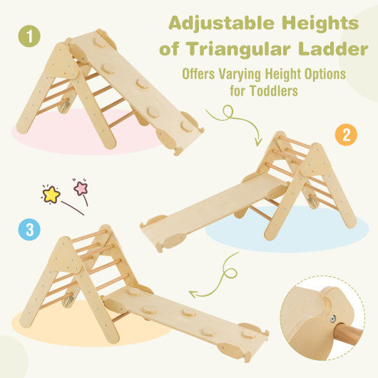 5-in-1 Wooden Kids Climber Toys with Triangle Arch Ramp-Natural
