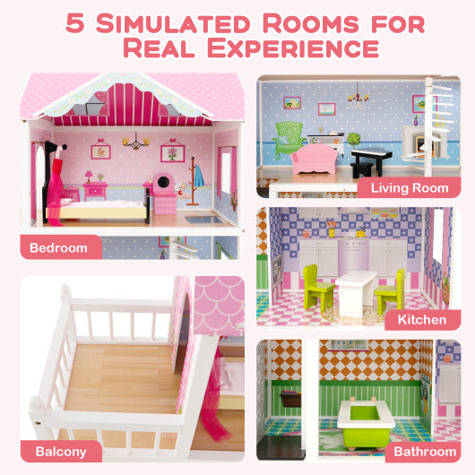 Wooden Dollhouse with Working Elevator and Rotatable Staircase-Pink