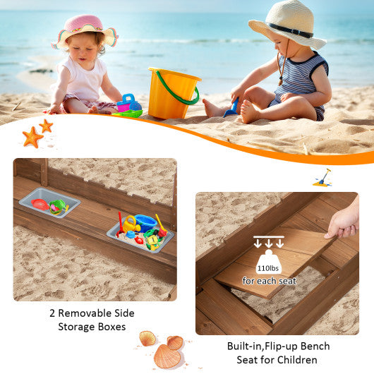 Kids Wooden Sandbox with Bottom Liner and Red Flags