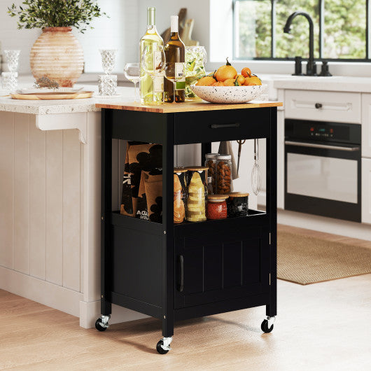 Rolling Kitchen Island Cart with Drawer and Side Hooks-Black