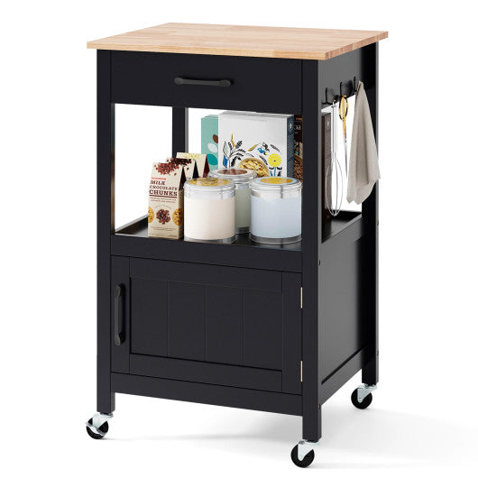 Rolling Kitchen Island Cart with Drawer and Side Hooks-Black
