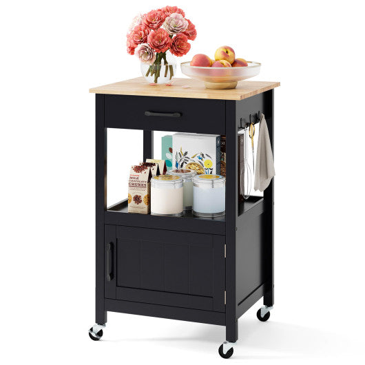 Rolling Kitchen Island Cart with Drawer and Side Hooks-Black