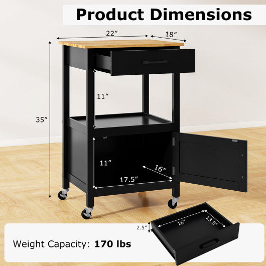 Rolling Kitchen Island Cart with Drawer and Side Hooks-Black