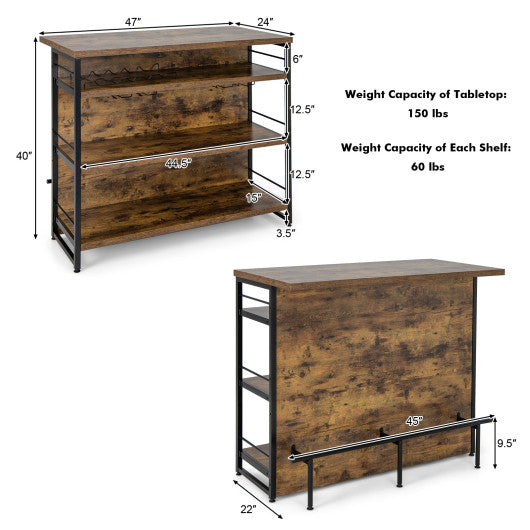 Kitchen Island with 4-Tier Storage Shelf and Long Footrest for Home-Rustic Brown