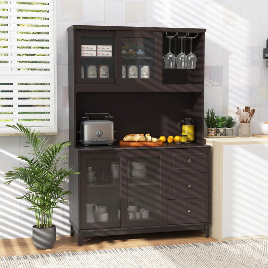 Kitchen Pantry Storage Cabinet Kitchen Hutch with LED lights and Power Outlet-Dark Brown
