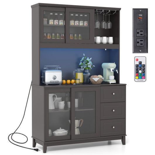 Kitchen Pantry Storage Cabinet Kitchen Hutch with LED lights and Power Outlet-Dark Brown