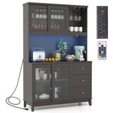 Kitchen Pantry Storage Cabinet Kitchen Hutch with LED lights and Power Outlet-Dark Brown