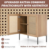 Kitchen Sideboard with 2 Rattan Doors and Adjustable Shelf-Natural