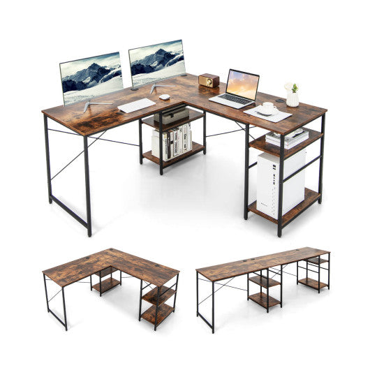L Shaped Computer Desk with 4 Storage Shelves and Cable Holes-Rustic Brown
