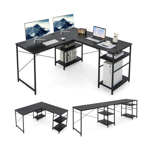 L Shaped Computer Desk with 4 Storage Shelves and Cable Holes-Black