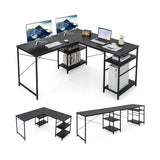 L Shaped Computer Desk with 4 Storage Shelves and Cable Holes-Black
