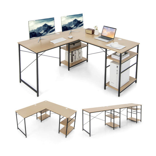 L Shaped Computer Desk with 4 Storage Shelves and Cable Holes-Natural