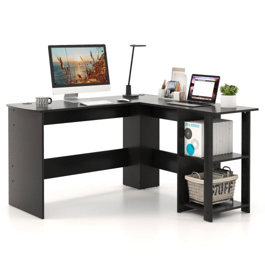 Modern L-Shaped Computer Desk with Shelves-Black