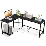 L-Shaped Computer Desk with CPU Stand Power Outlets and USB Ports-Black