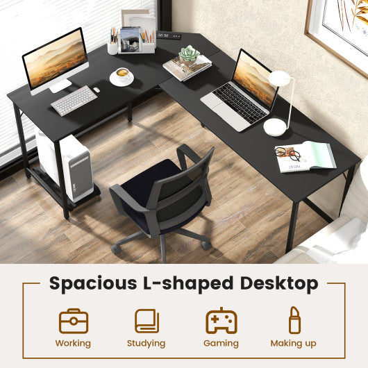 L-Shaped Computer Desk with CPU Stand Power Outlets and USB Ports-Black