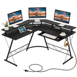 L-shaped Computer Desk with Power Outlet and Monitor Stand-Black