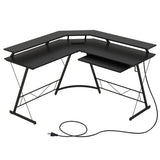 L-shaped Computer Desk with Power Outlet and Monitor Stand-Black