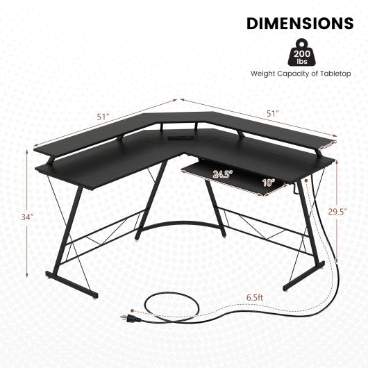 L-shaped Computer Desk with Power Outlet and Monitor Stand-Black
