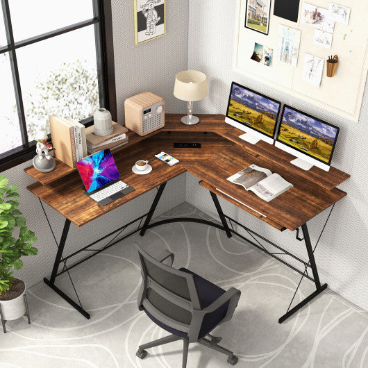 L-shaped Computer Desk with Power Outlet and Monitor Stand-Rustic Brown