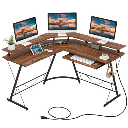 L-shaped Computer Desk with Power Outlet and Monitor Stand-Rustic Brown