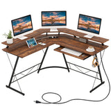 L-shaped Computer Desk with Power Outlet and Monitor Stand-Rustic Brown