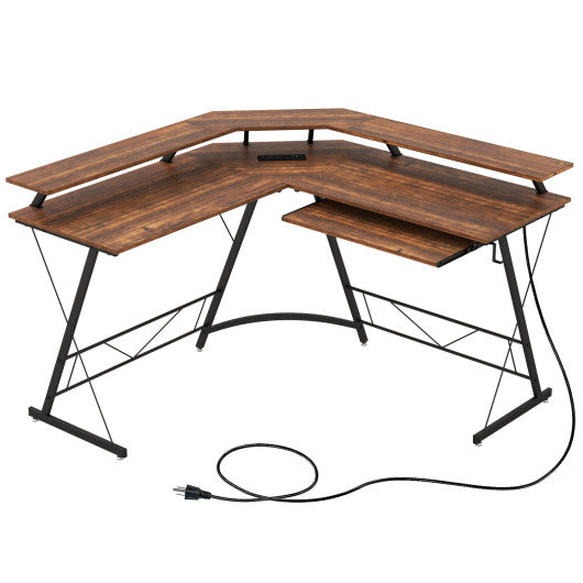 L-shaped Computer Desk with Power Outlet and Monitor Stand-Rustic Brown