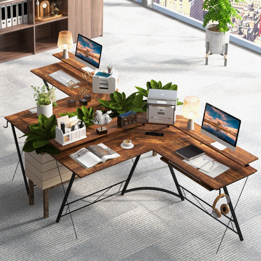 L-shaped Computer Desk with Power Outlet and Monitor Stand-Rustic Brown