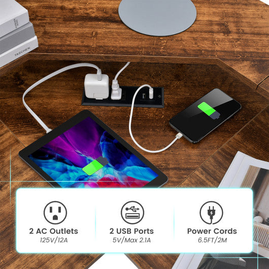 L-shaped Computer Desk with Power Outlet and Monitor Stand-Rustic Brown