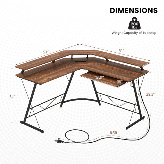 L-shaped Computer Desk with Power Outlet and Monitor Stand-Rustic Brown
