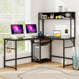 L-shaped Desk with Power Outlet Hutch-Black