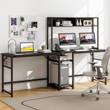 L-shaped Desk with Power Outlet Hutch-Black