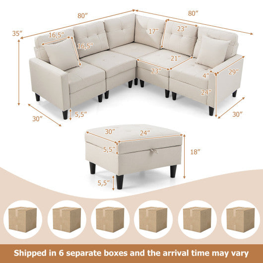 L-shaped Sectional Corner Sofa Set with Storage Ottoman-Beige