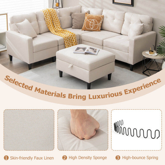 L-shaped Sectional Corner Sofa Set with Storage Ottoman-Beige
