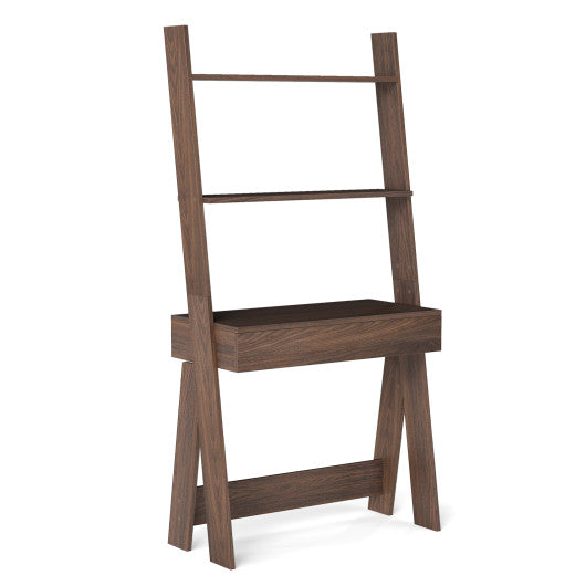 Ladder Shelf Desk Bookcase with Countertop  Drawer and 2 Shelves-Walnut