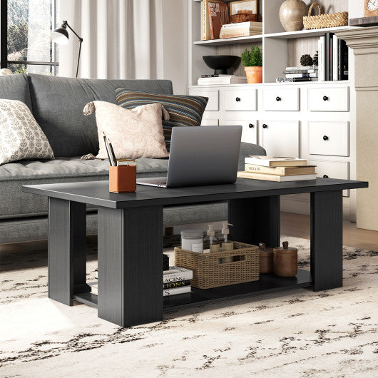 Large 36/41 Inch 2-tier Wooden Modern Coffee Table with Storage Shelf-Black