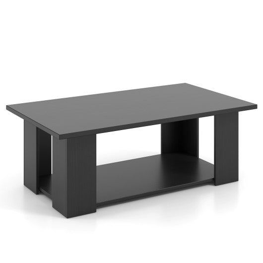 Large 36/41 Inch 2-tier Wooden Modern Coffee Table with Storage Shelf-Black