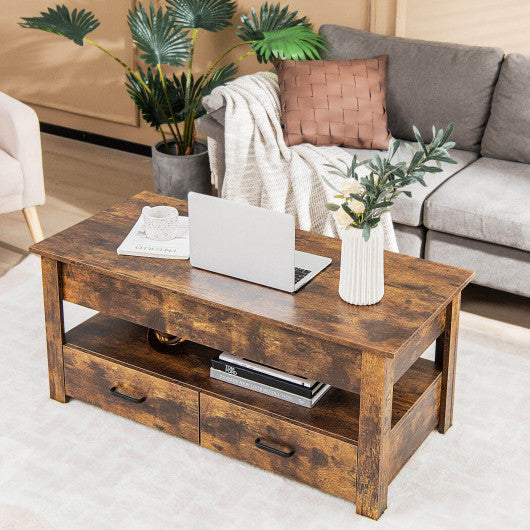 Lift Top Coffee Table with 2 Storage Drawers and Hidden Compartment-Rustic Brown