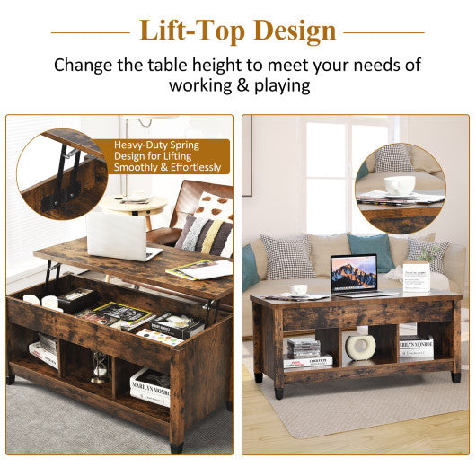 Lift Top Coffee Table with Hidden Storage Compartment- Brown