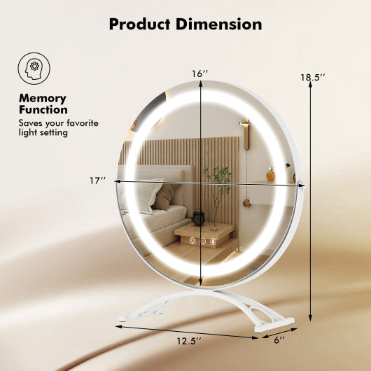 16 x 16 Inch Round LED Vanity Mirror with 3-Color Lighting and Brightness Dimming-White