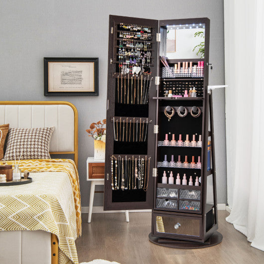 Lockable 360° Swivel Jewelry Cabinet with Full-Length Mirror LED Lights-Dark Brown