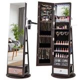 Lockable 360° Swivel Jewelry Cabinet with Full-Length Mirror LED Lights-Dark Brown