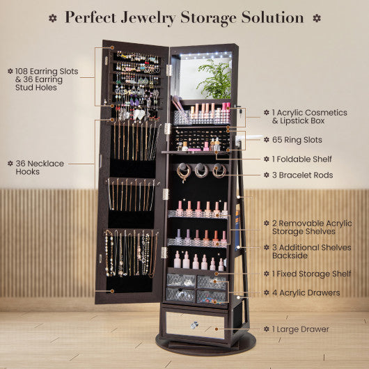 Lockable 360° Swivel Jewelry Cabinet with Full-Length Mirror LED Lights-Dark Brown