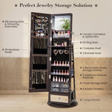 Lockable 360° Swivel Jewelry Cabinet with Full-Length Mirror LED Lights-Dark Brown